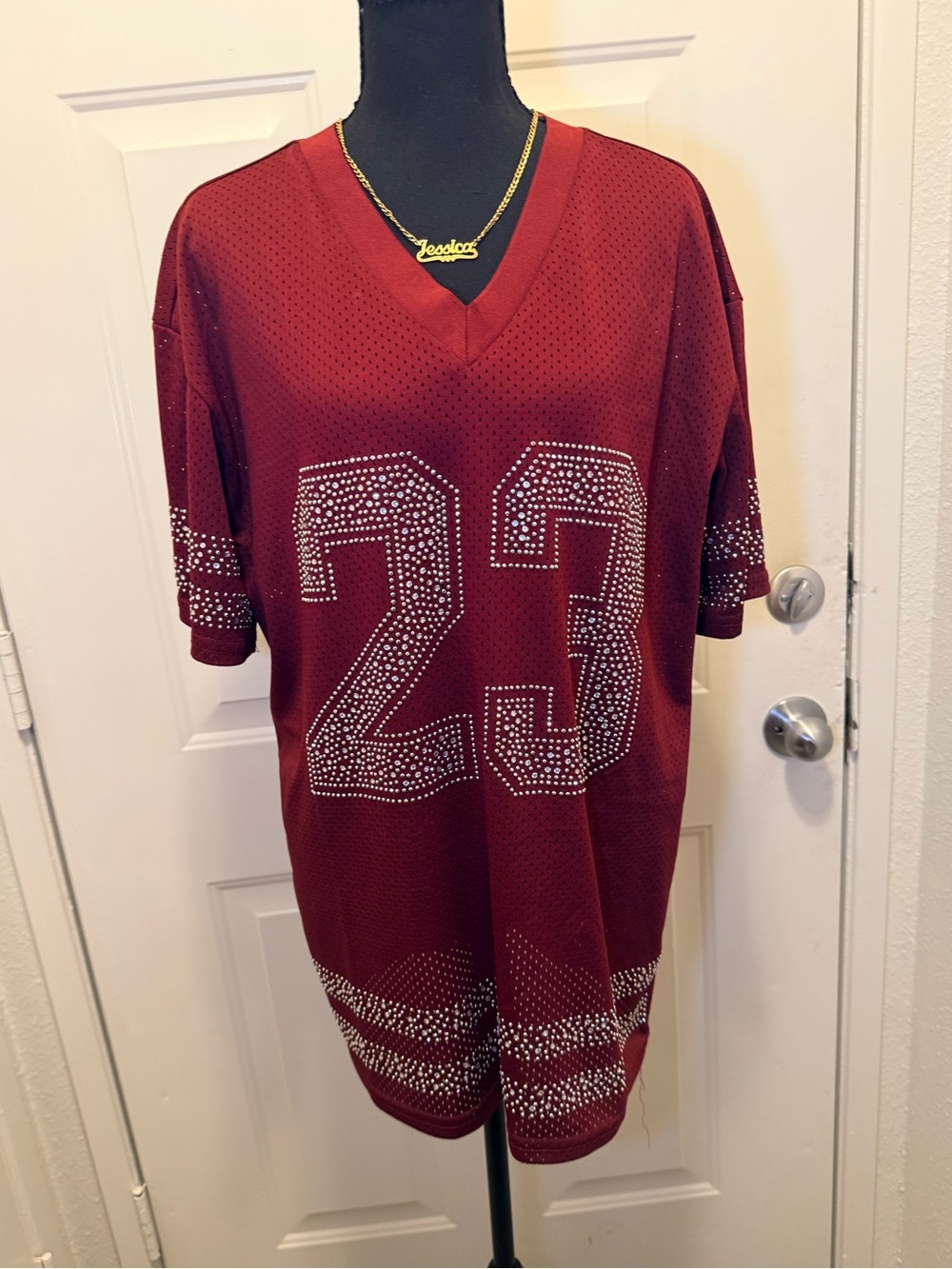 Fashion Nova Burgundy Rhinestone #23 Mesh Jersey – Size Large